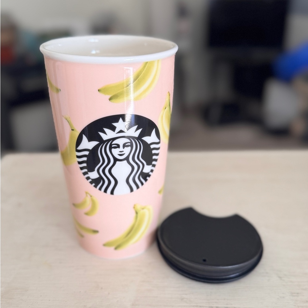 Starbucks 2015 Pink Banana 12 Oz Ceramic Coffee Tumbler Cup Black Lid Siren Mug